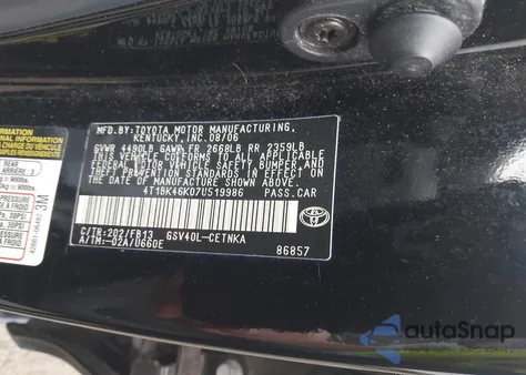 2007 Toyota Camry Le V6/Se V6/Xle V6 z USA, uszkodzony, nr VIN 4T1BK46K07U579986